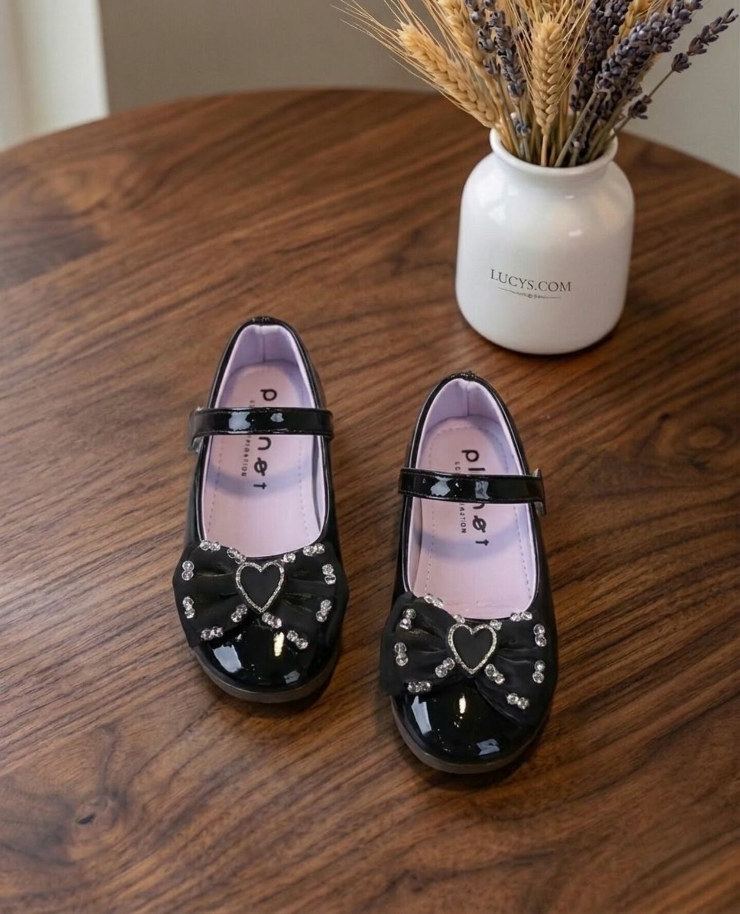 Girls Black Patent Heart Bow Mary Jane Flat Dress Shoes | Lucys