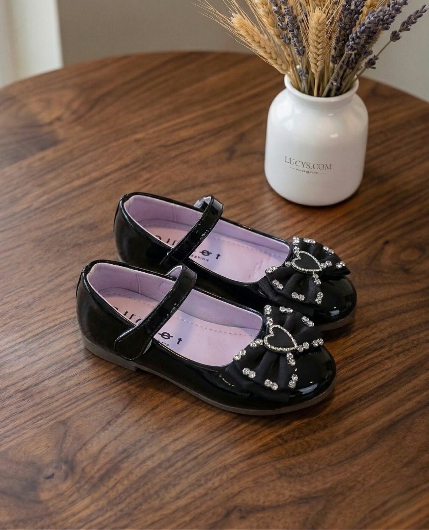 Girls Black Patent Heart Bow Mary Jane Flat Dress Shoes | Lucys