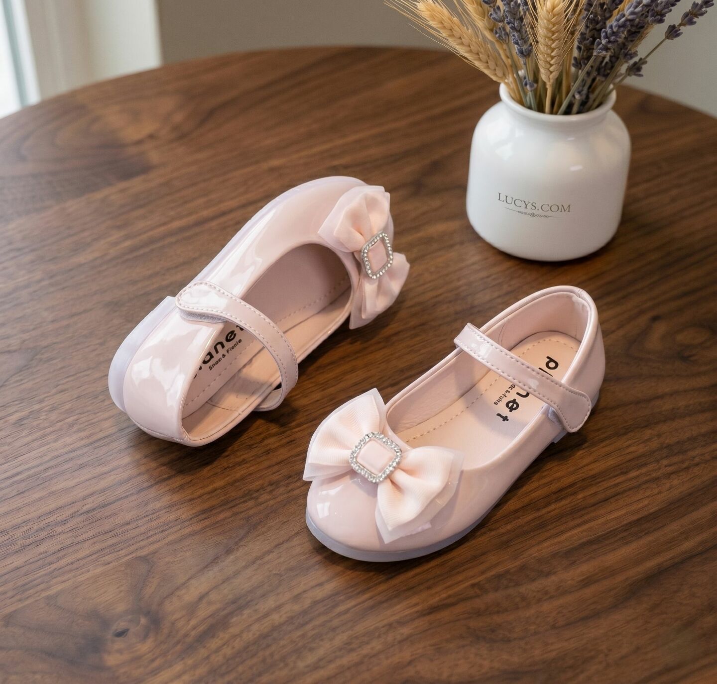 Girls Peach Pink Patent Bow Flat Mary Jane Dress Shoes | Lucys