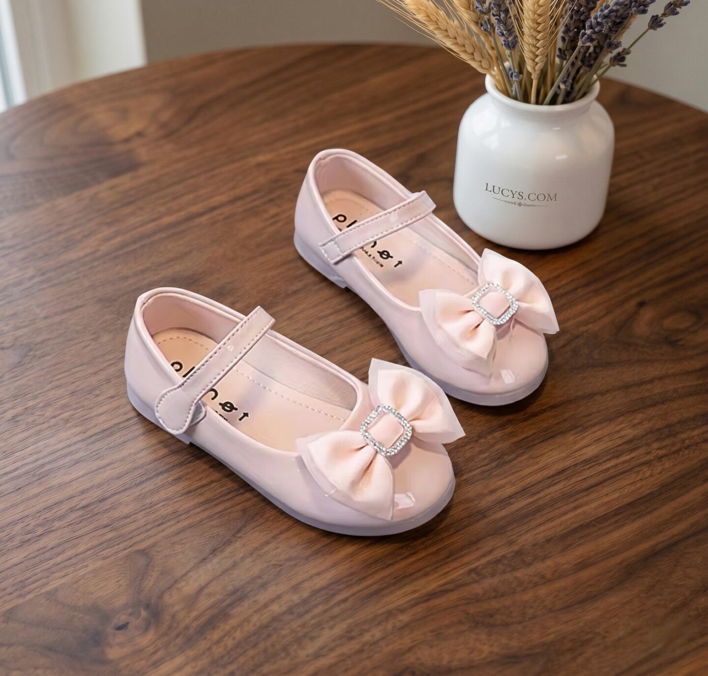 Girls Peach Pink Patent Bow Flat Mary Jane Dress Shoes | Lucys