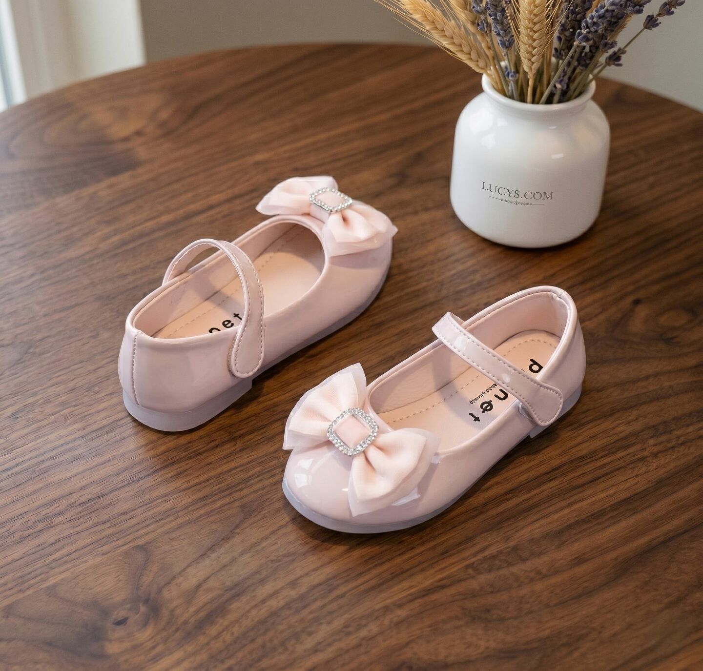 Girls Peach Pink Patent Bow Flat Mary Jane Dress Shoes | Lucys