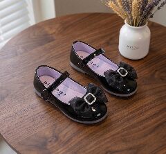Girls Black Patent Bow Flat Mary Jane Dress Shoes | Lucys