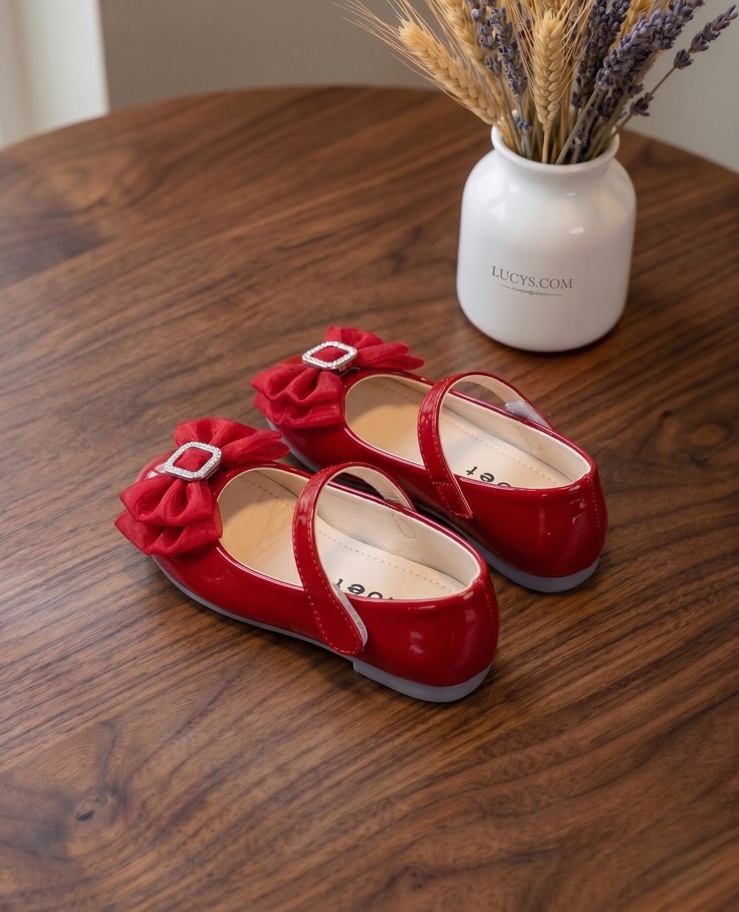 Girls Maroon Patent Bow Flat Mary Jane Dress Shoes | Lucys