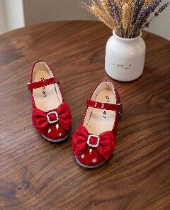 Girls Maroon Patent Bow Flat Mary Jane Dress Shoes | Lucys