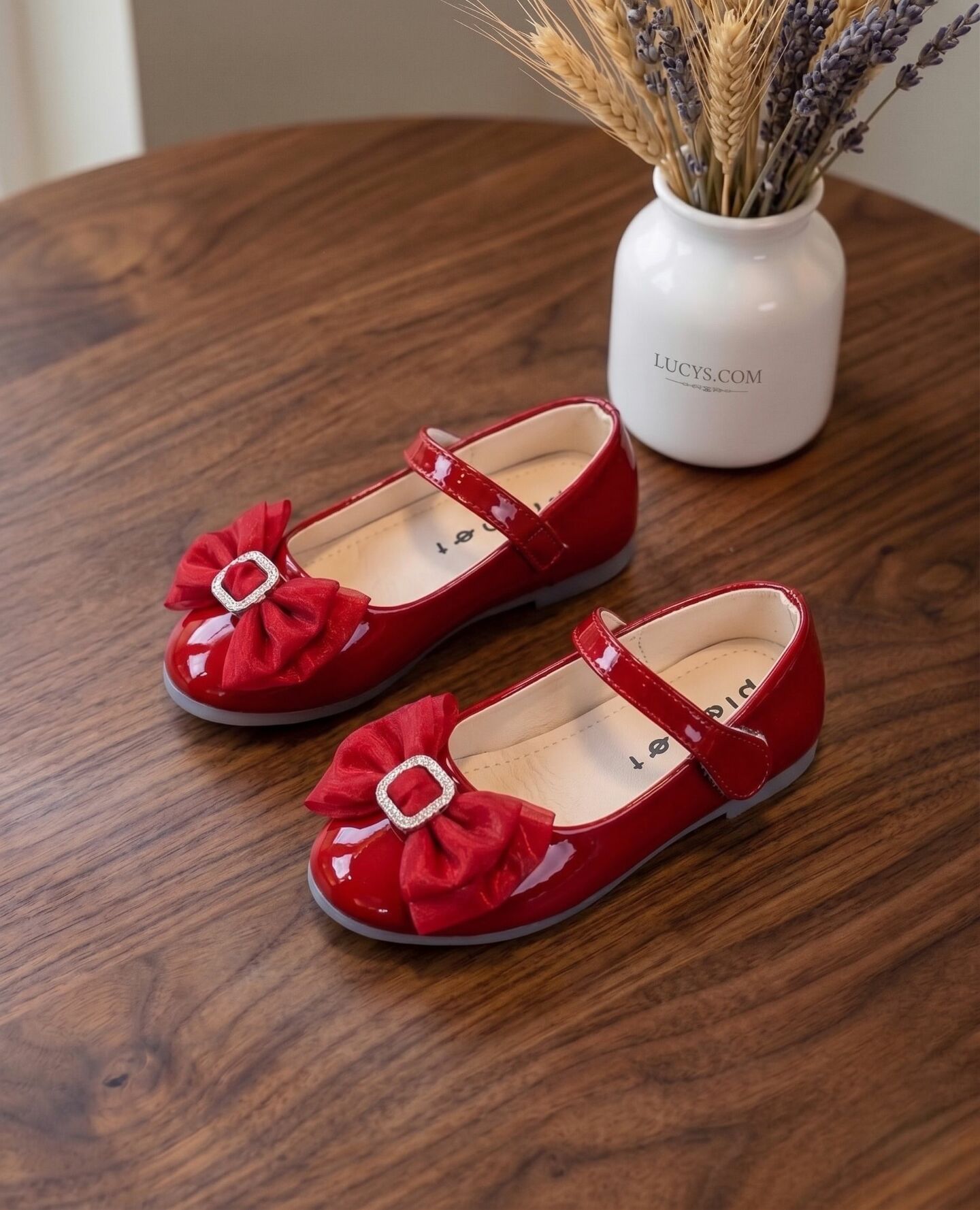 Girls Maroon Patent Bow Flat Mary Jane Dress Shoes | Lucys