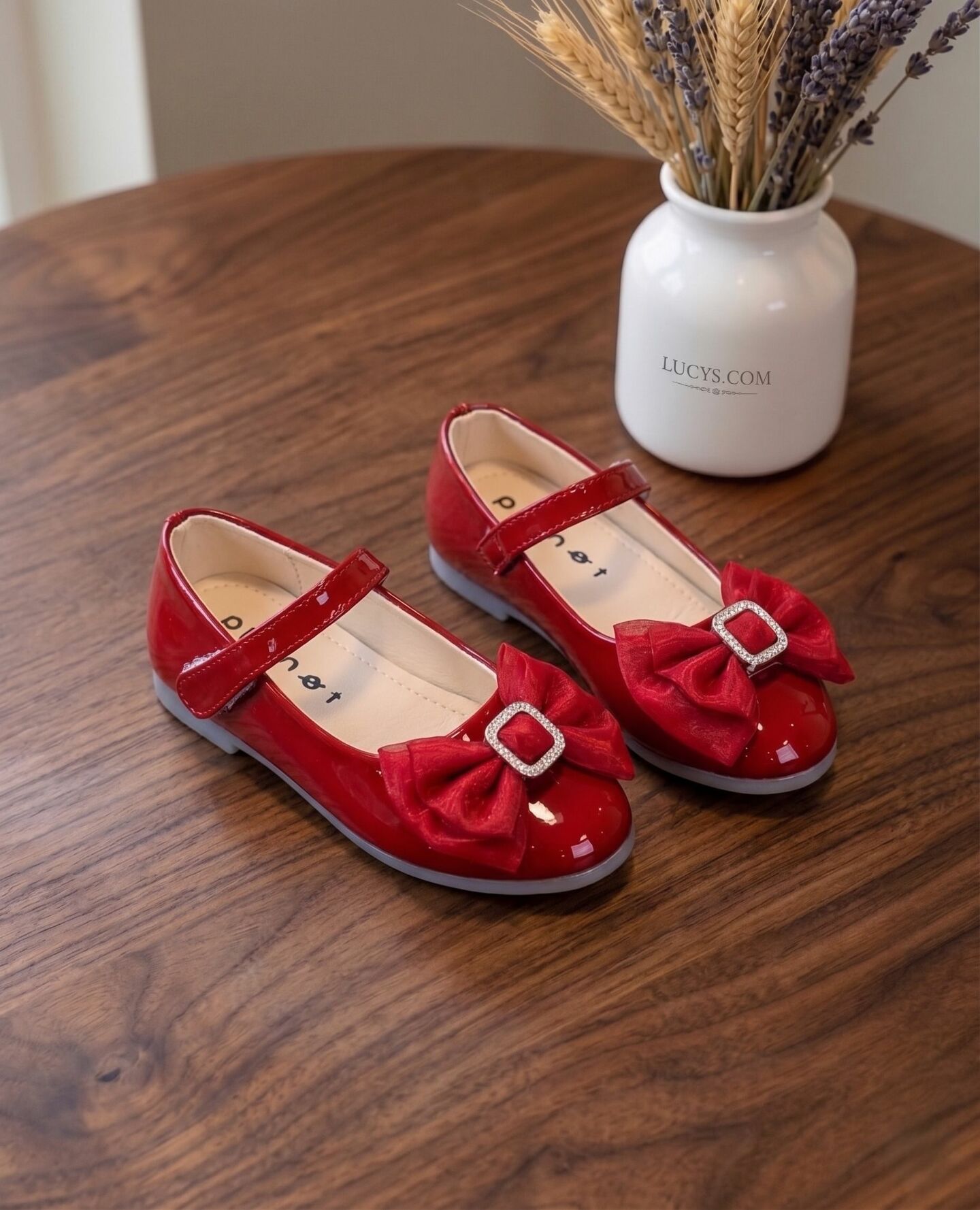 Girls Maroon Patent Bow Flat Mary Jane Dress Shoes | Lucys