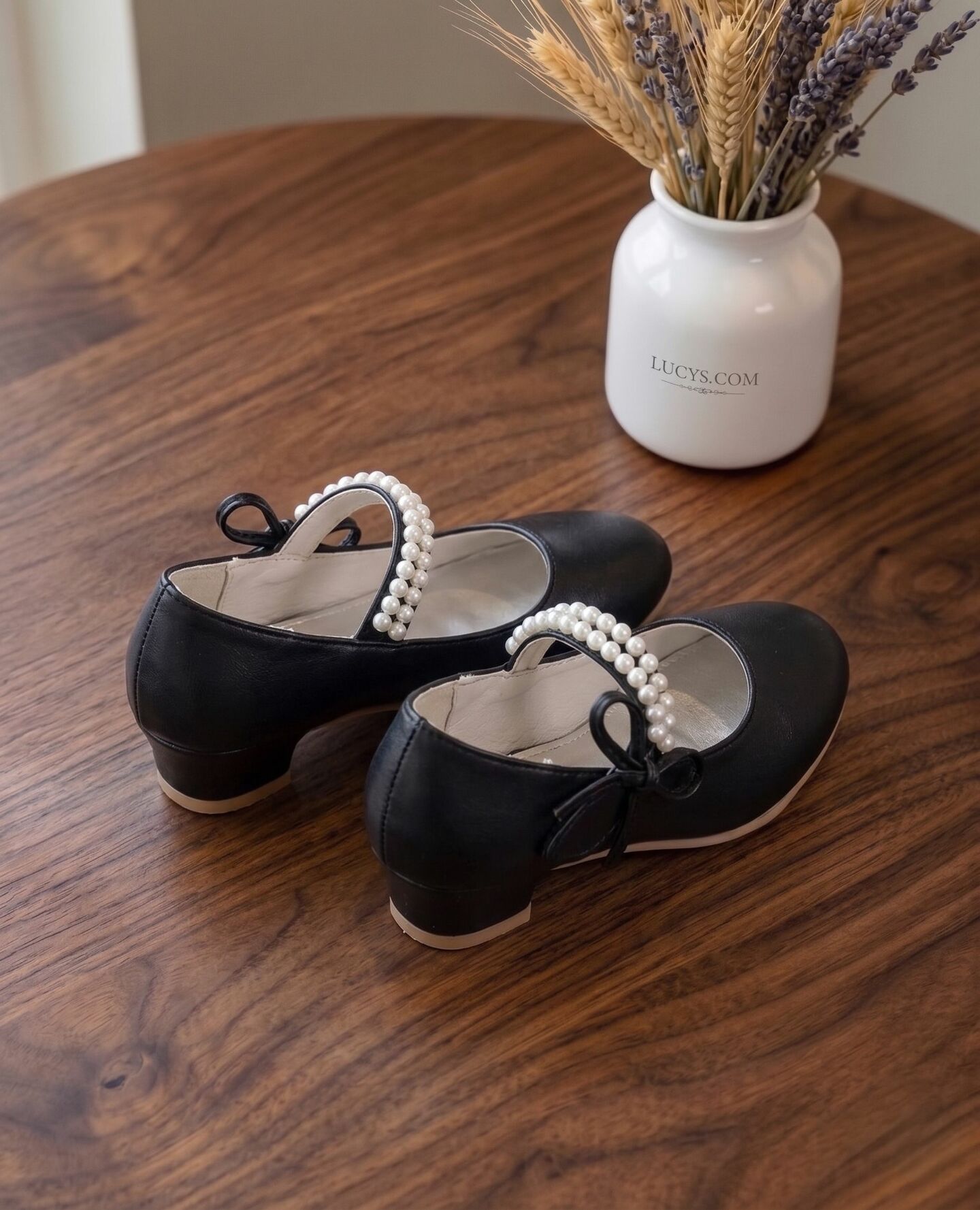 Girls Black Pearl Strap Mary Jane Low Heel Dress Shoes | Lucys