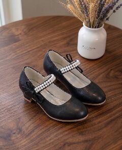 Girls Black Pearl Strap Mary Jane Low Heel Dress Shoes | Lucys