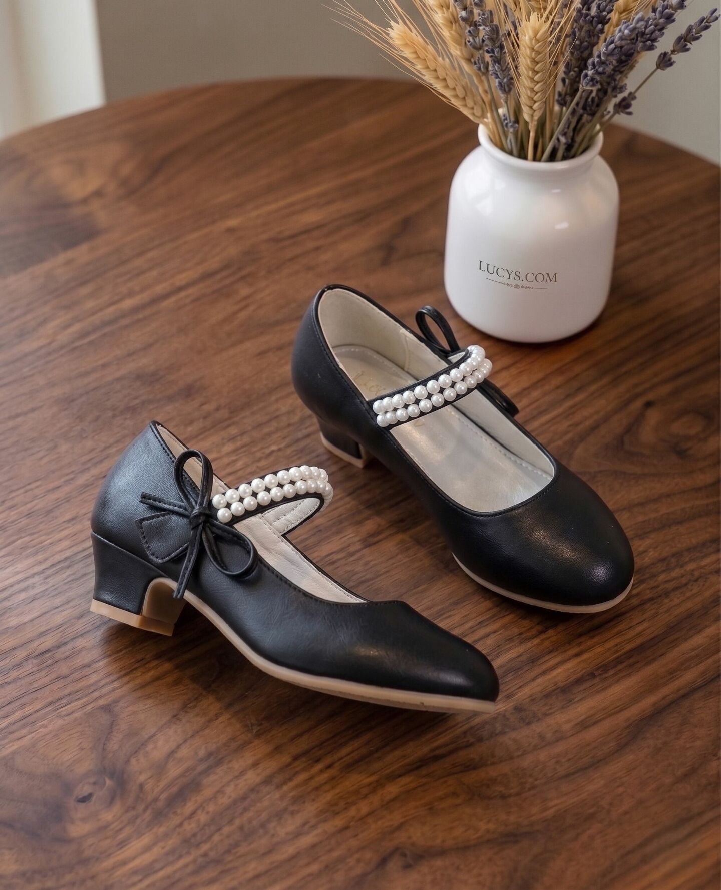 Girls Black Pearl Strap Mary Jane Low Heel Dress Shoes | Lucys