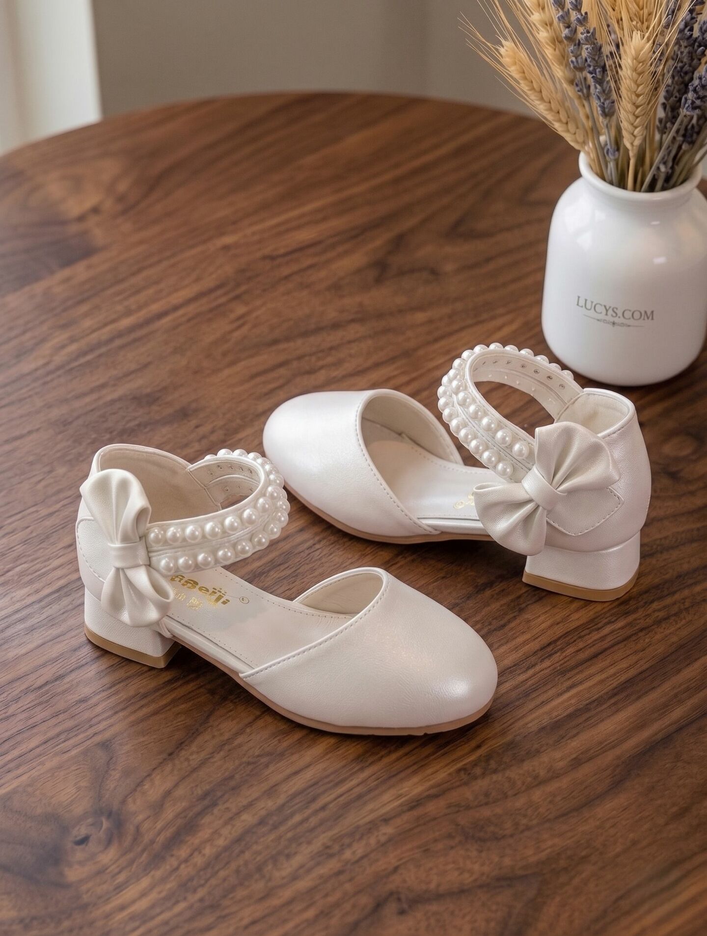 Girls White Pearl Ankle Strap Block Heel Dress Shoes with Satin Bow