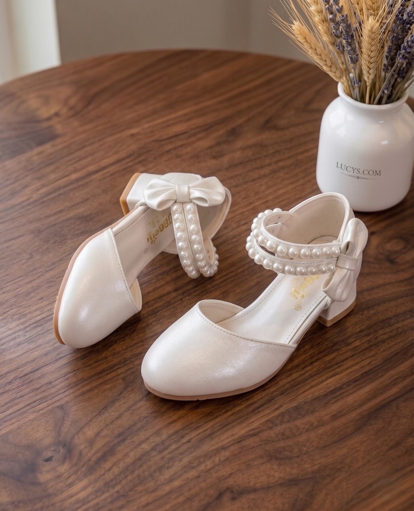 Girls White Pearl Ankle Strap Block Heel Dress Shoes with Satin Bow
