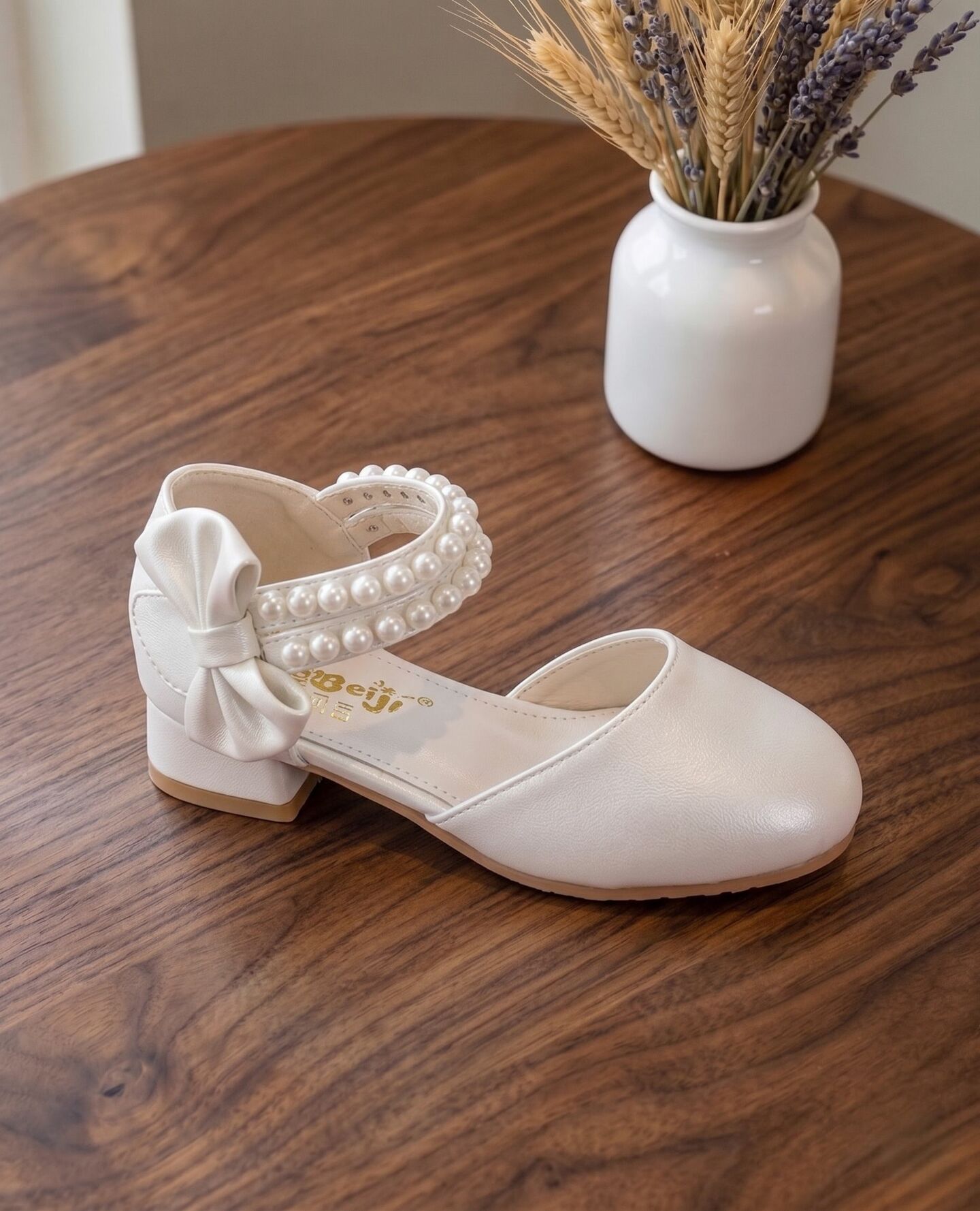 Girls White Pearl Ankle Strap Block Heel Dress Shoes with Satin Bow