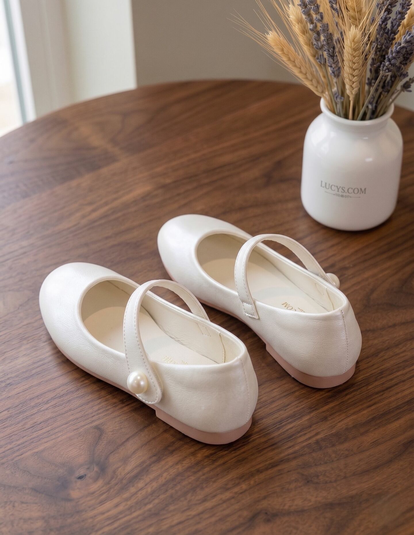 Girls White Pearl Mary Jane Flats with Coral Sole for Formal Occasions