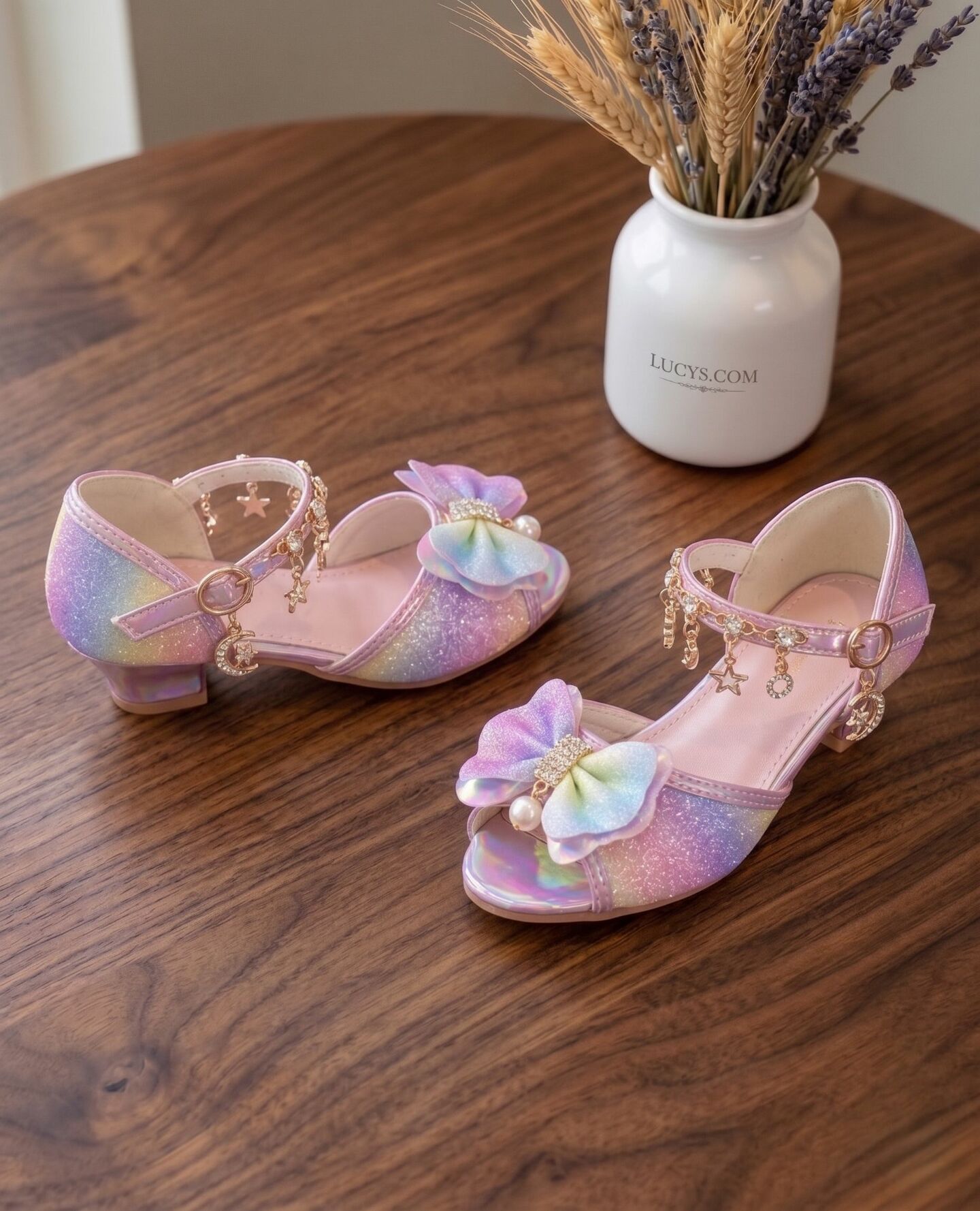 Girls Rainbow Glitter Heeled Sandals with Charm Ankle Strap | Lucys