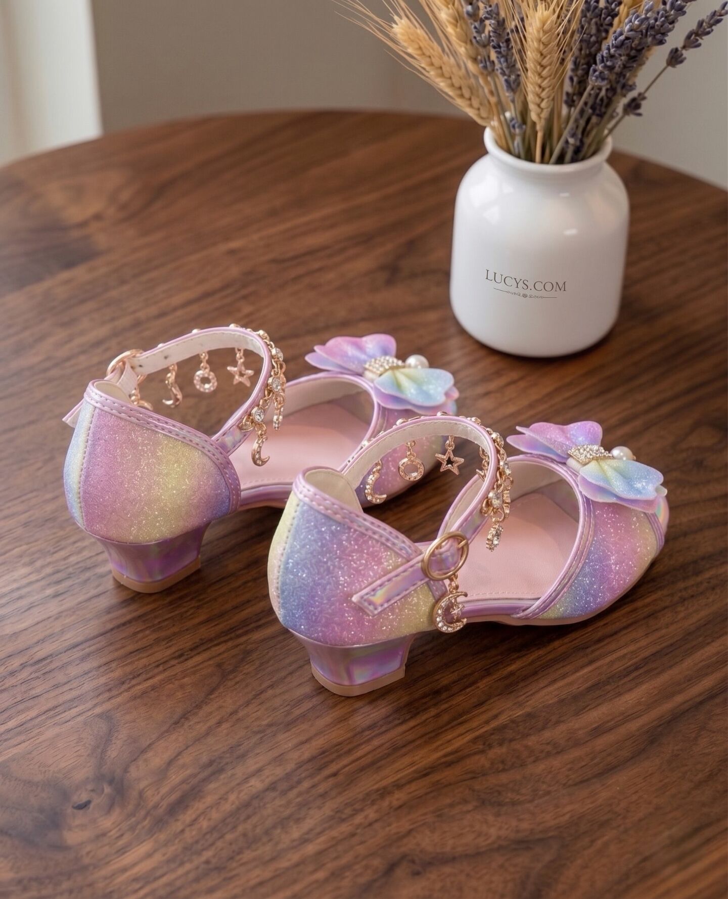 Girls Rainbow Glitter Heeled Sandals with Charm Ankle Strap | Lucys