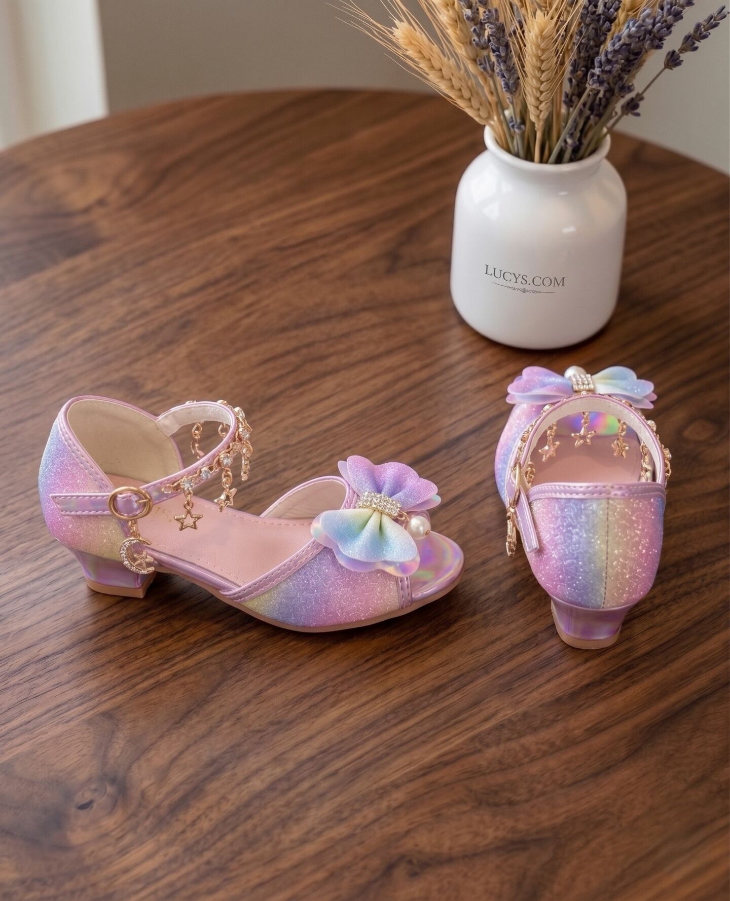 Girls Rainbow Glitter Heeled Sandals with Charm Ankle Strap | Lucys