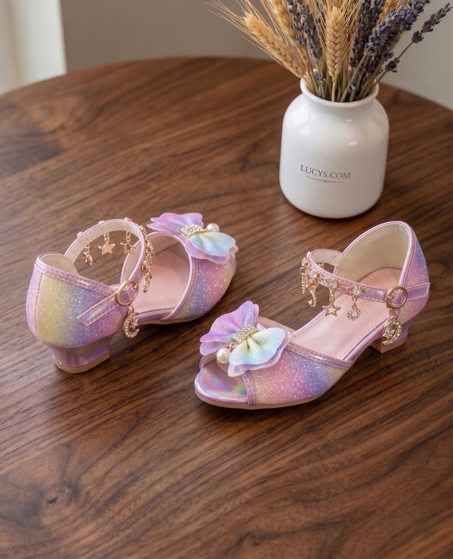 Girls Rainbow Glitter Heeled Sandals with Charm Ankle Strap | Lucys