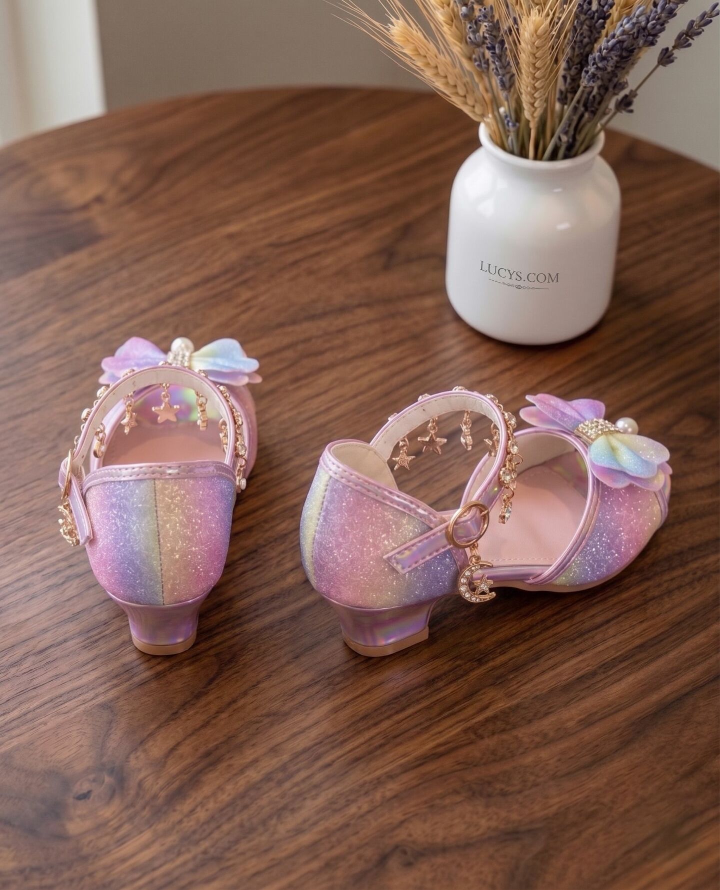 Girls Rainbow Glitter Heeled Sandals with Charm Ankle Strap | Lucys