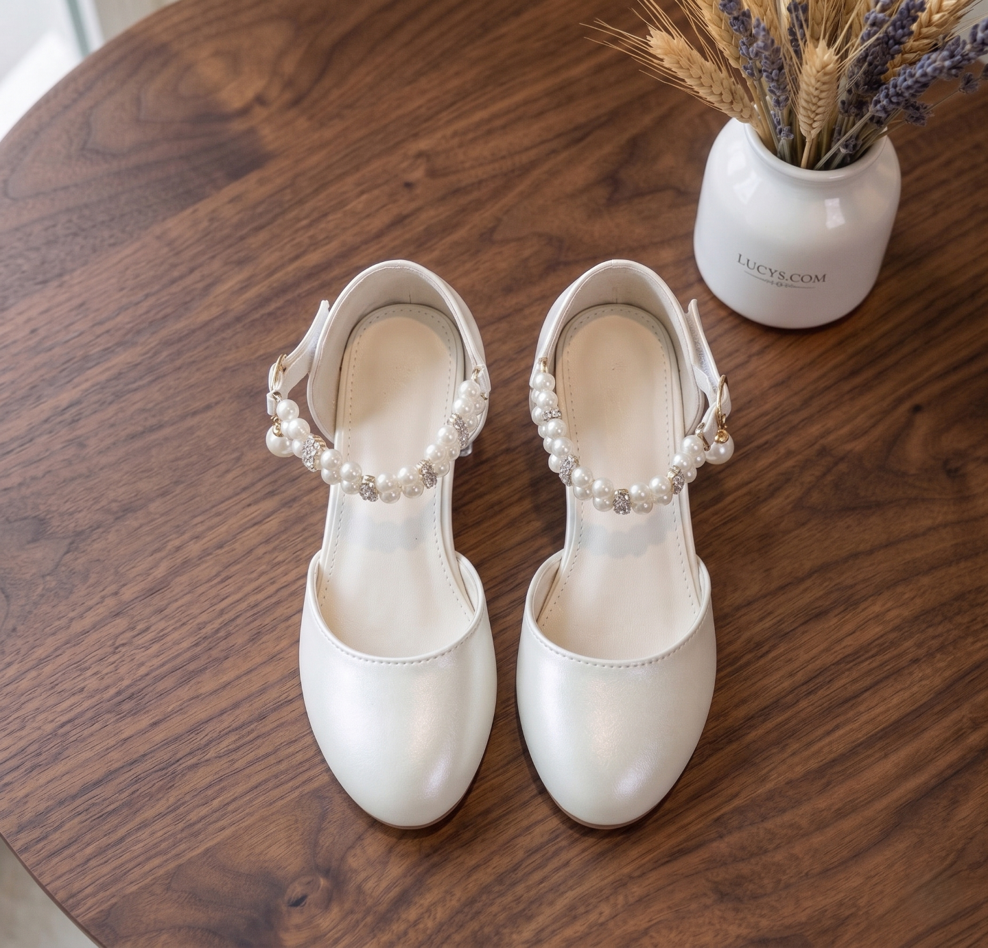 Girls Ivory Pearl Beaded Ankle Mary Jane Flats Flower Girl Party Shoes | Lucys