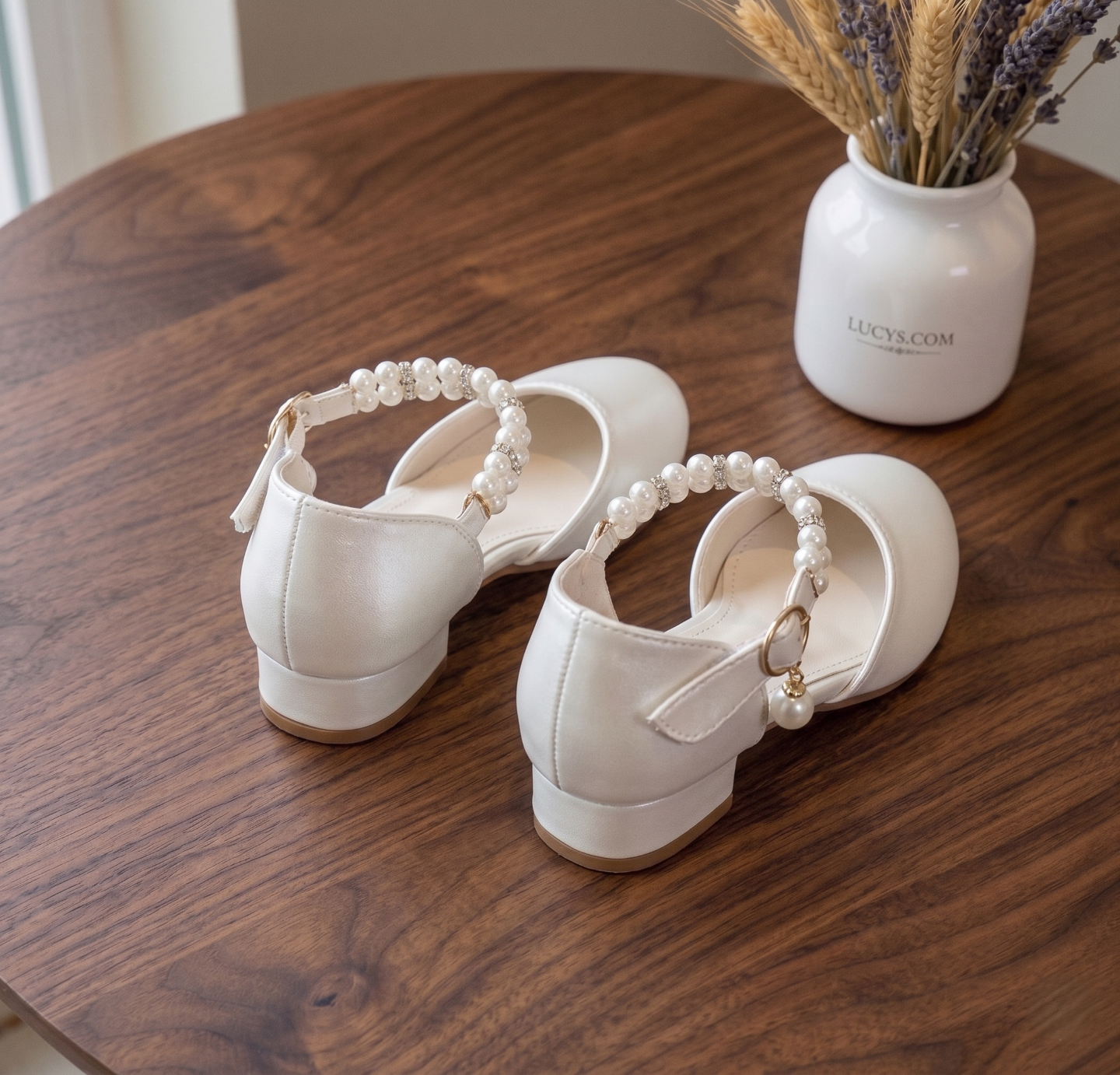 Girls Ivory Pearl Beaded Ankle Mary Jane Flats Flower Girl Party Shoes | Lucys