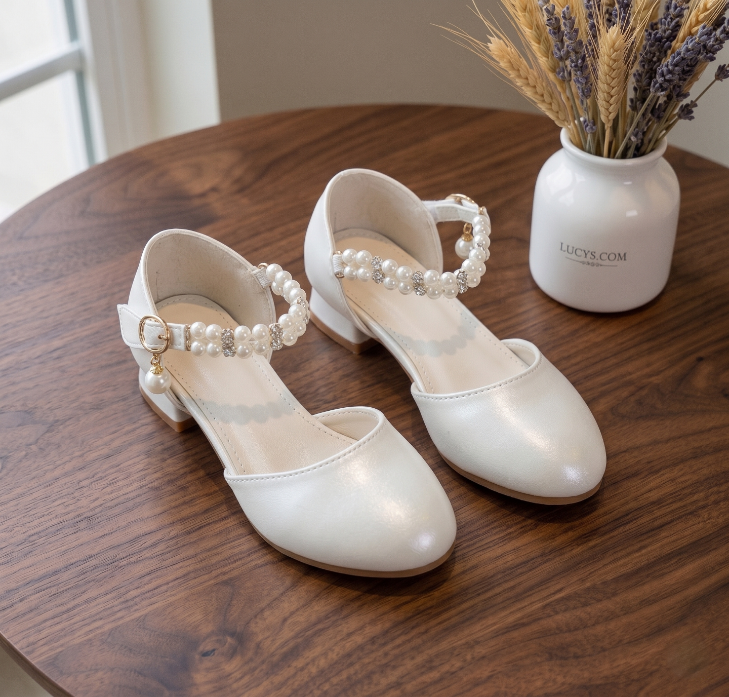 Girls Ivory Pearl Beaded Ankle Mary Jane Flats Flower Girl Party Shoes | Lucys