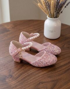 Girls Rose Pink Glitter Princess Heels with Pearl Mary Jane Strap