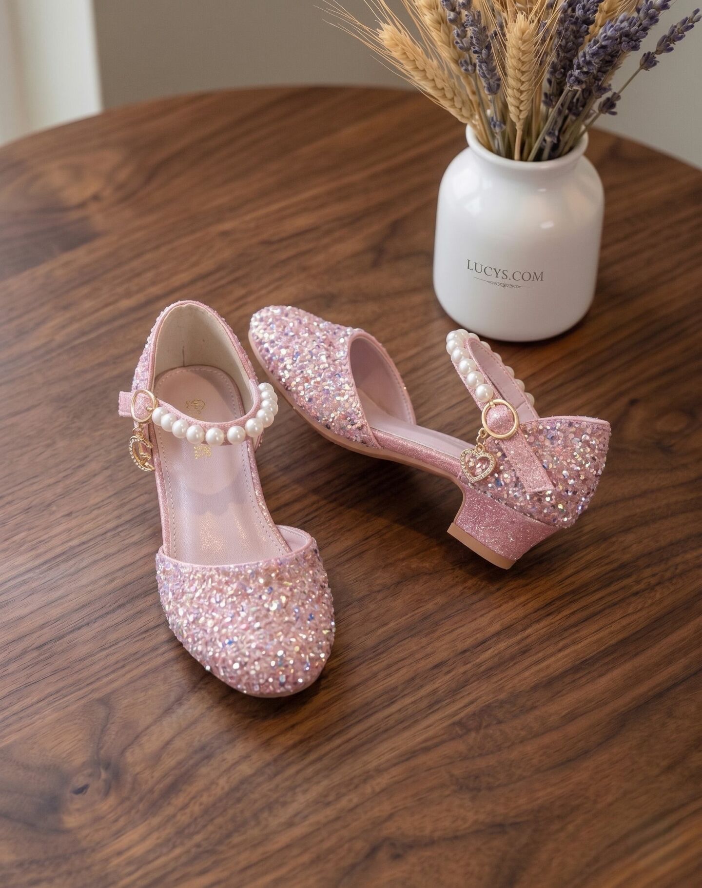 Girls Rose Pink Glitter Princess Heels with Pearl Mary Jane Strap