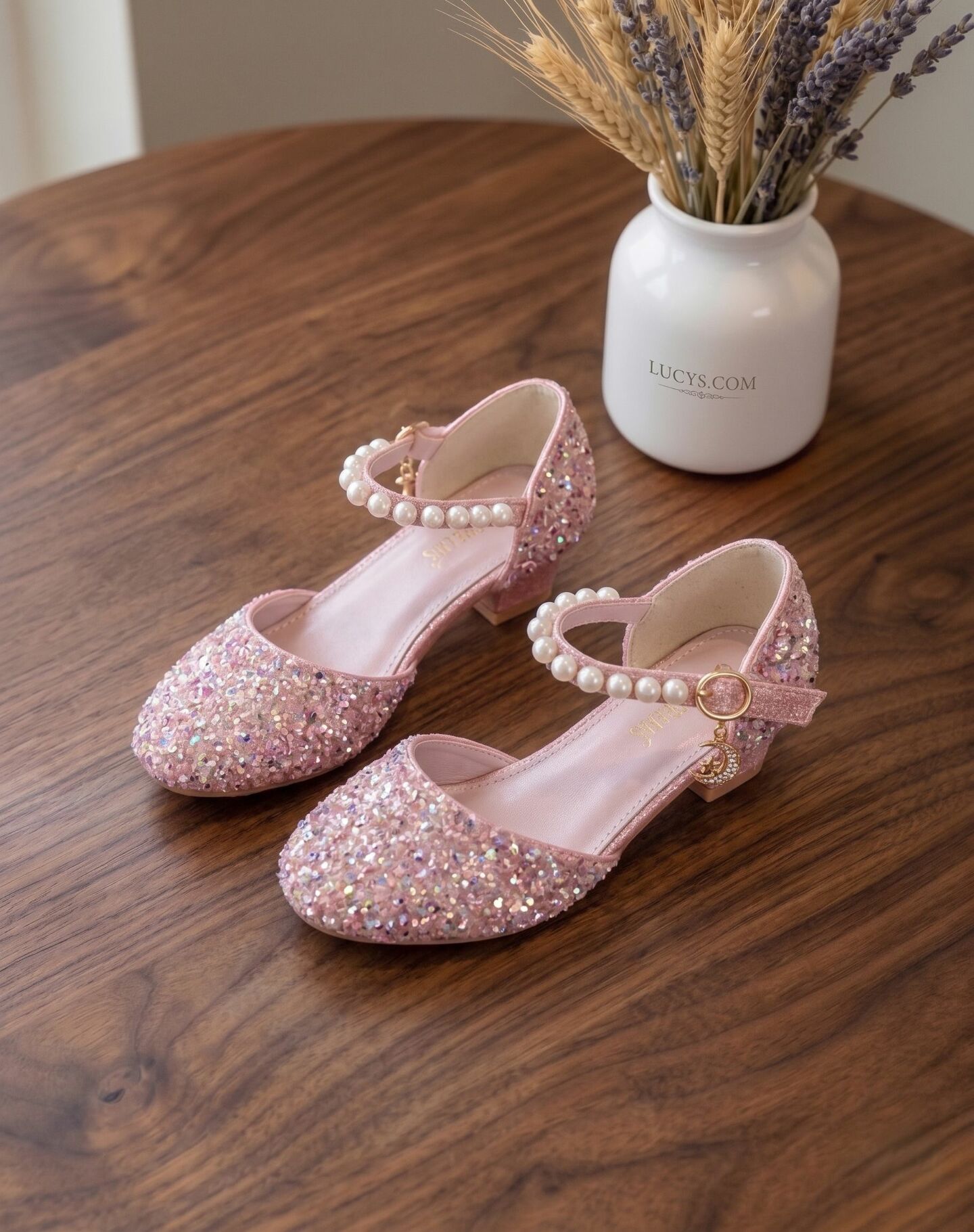 Girls Rose Pink Glitter Princess Heels with Pearl Mary Jane Strap