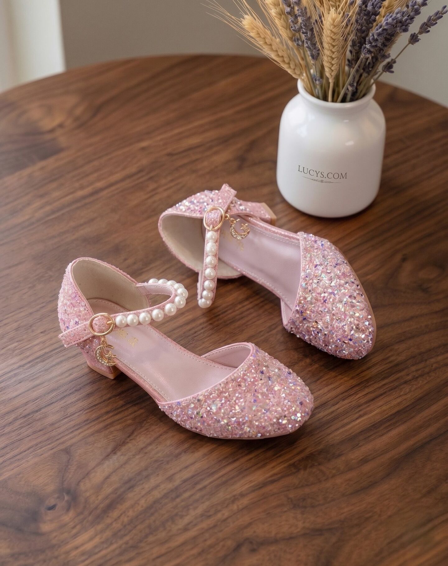 Girls Rose Pink Glitter Princess Heels with Pearl Mary Jane Strap