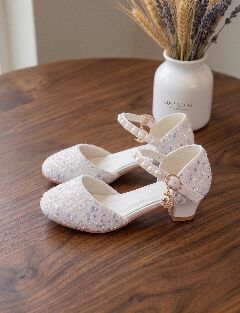 Girls White Glitter Princess Heels with Pearl Mary Jane Strap