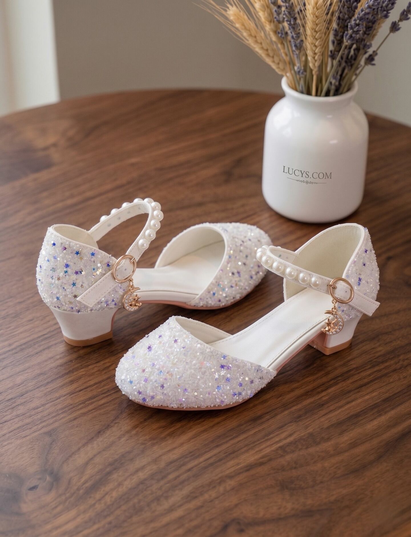 Girls White Glitter Princess Heels with Pearl Mary Jane Strap