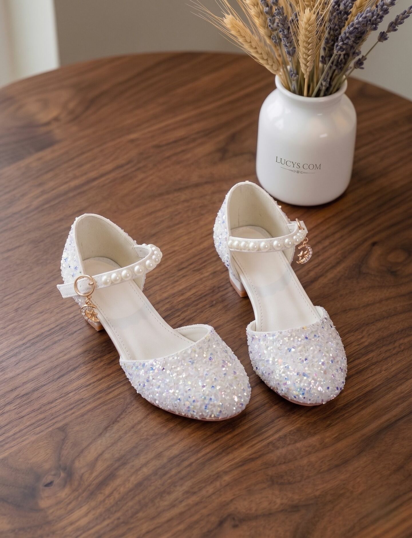 Girls White Glitter Princess Heels with Pearl Mary Jane Strap
