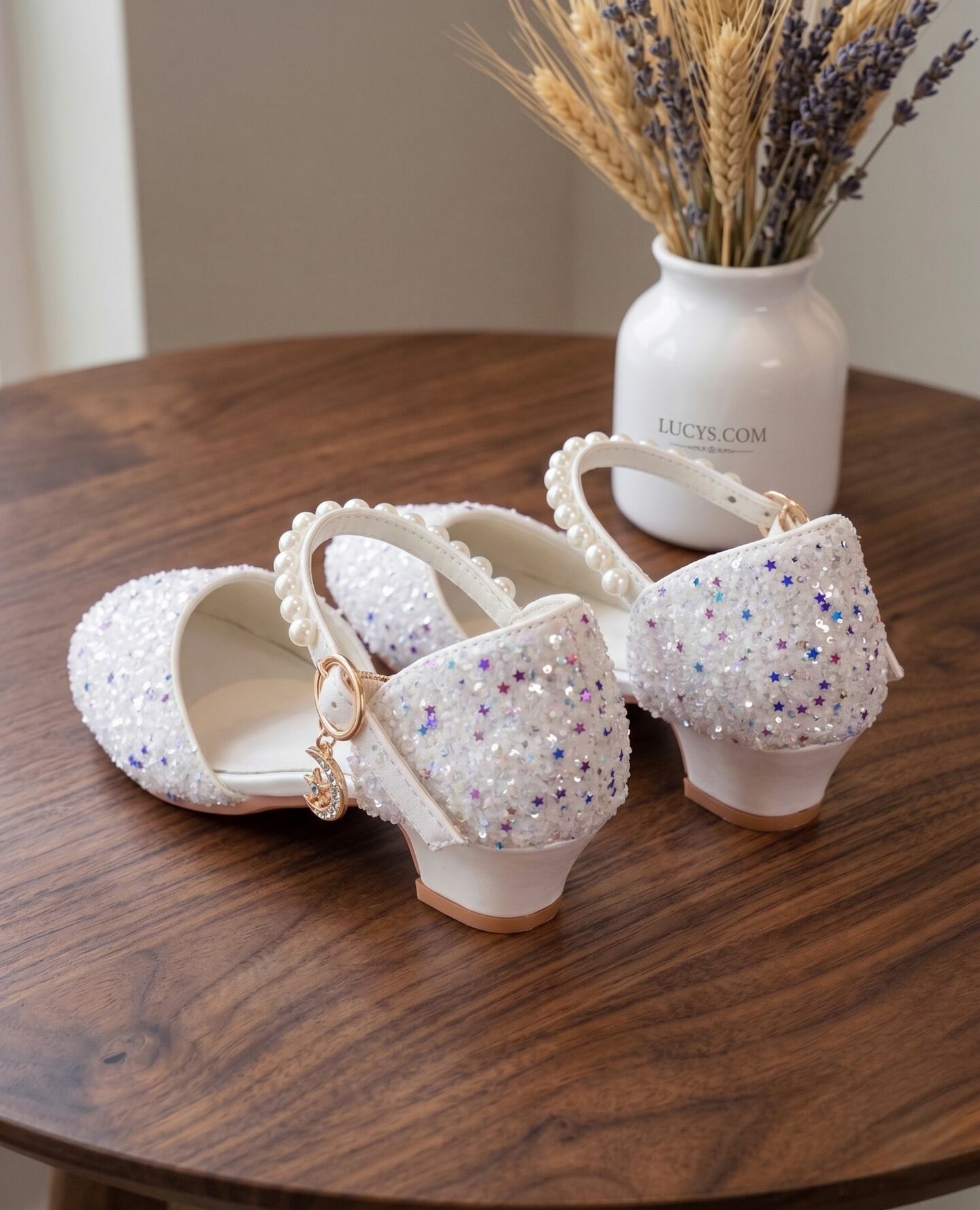 Girls White Glitter Princess Heels with Pearl Mary Jane Strap