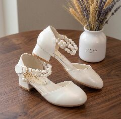 Girls White Pearl Ankle Strap Block Heel Dress Shoes with Crystal Detail
