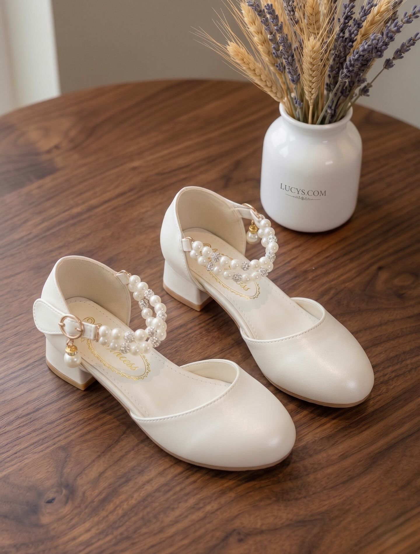 Girls White Pearl Ankle Strap Block Heel Dress Shoes with Crystal Detail
