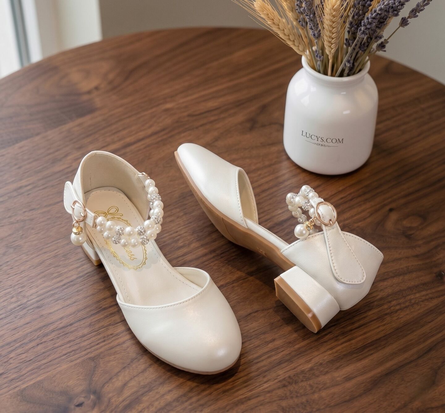 Girls White Pearl Ankle Strap Block Heel Dress Shoes with Crystal Detail
