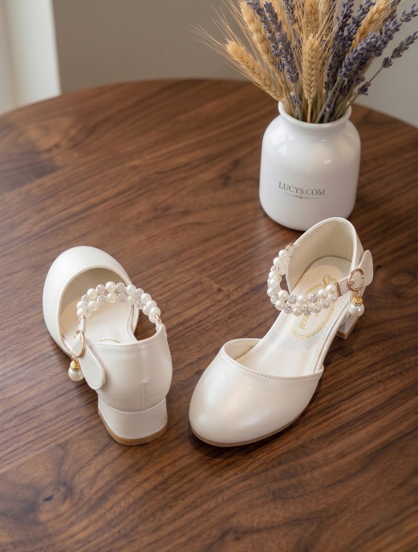 Girls White Pearl Ankle Strap Block Heel Dress Shoes with Crystal Detail