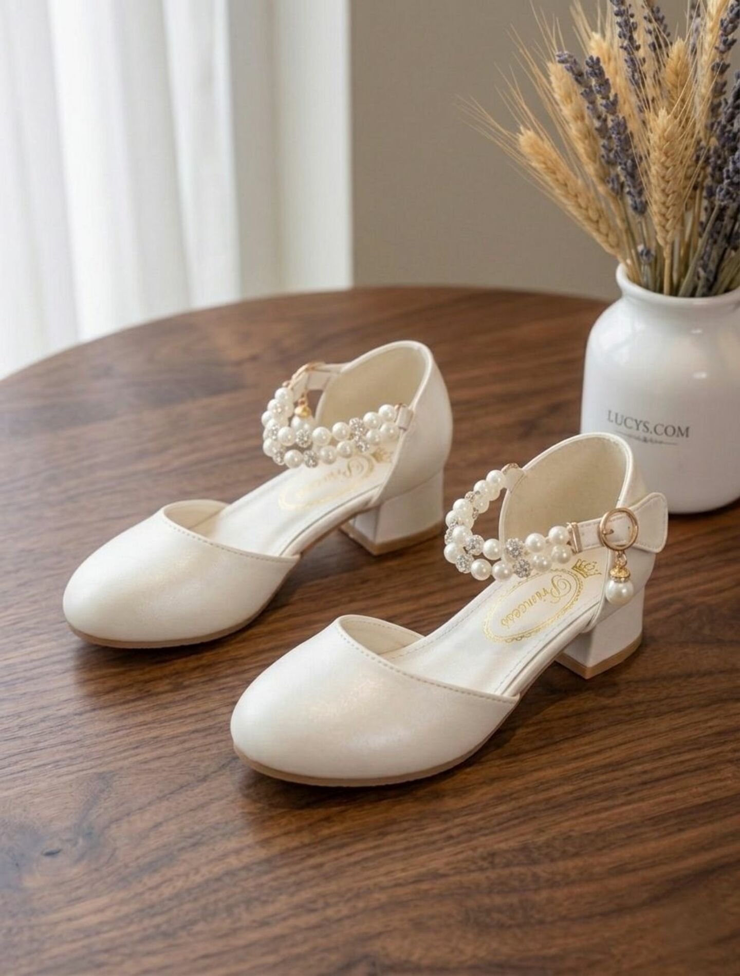 Girls White Pearl Ankle Strap Block Heel Dress Shoes with Crystal Detail