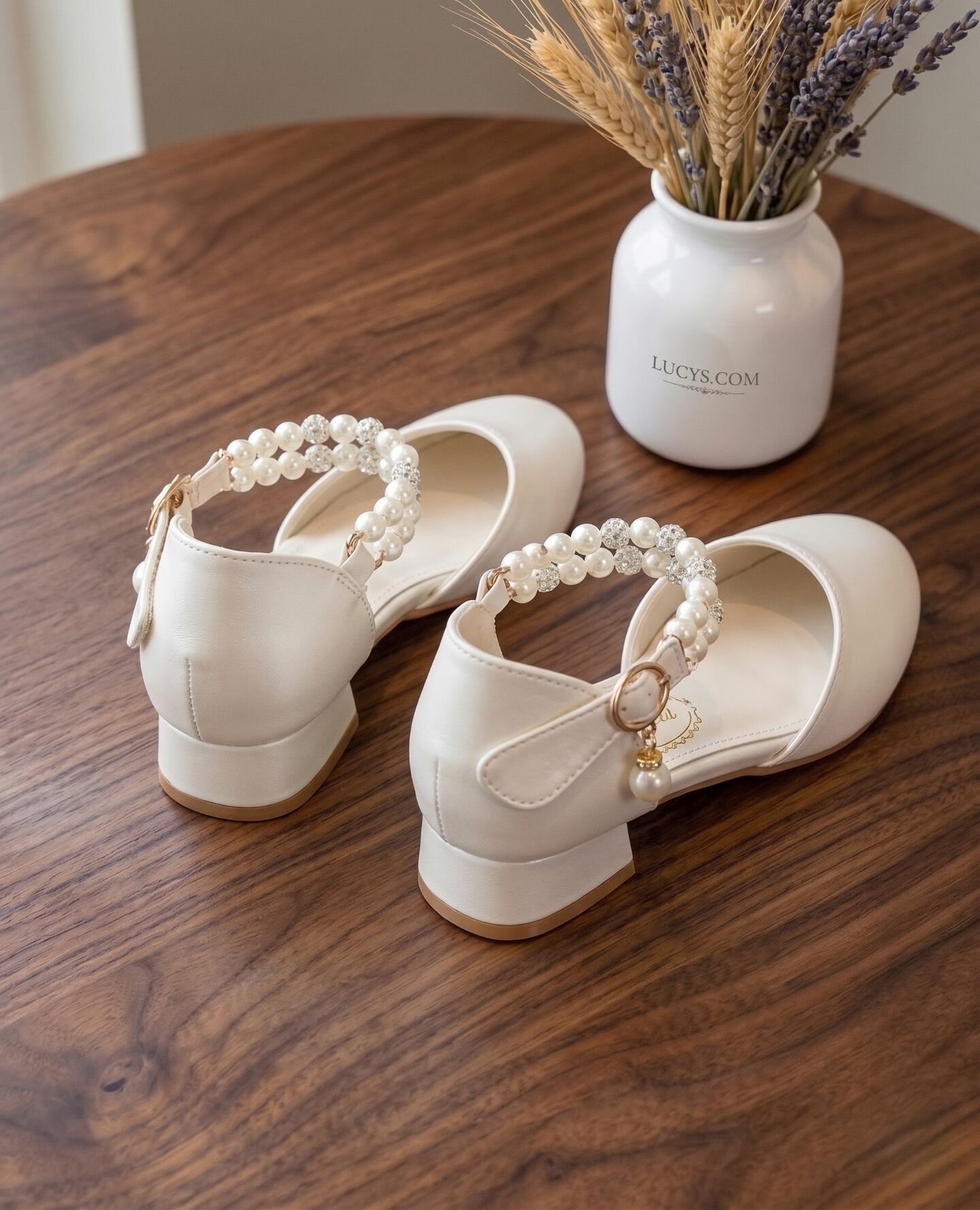 Girls White Pearl Ankle Strap Block Heel Dress Shoes with Crystal Detail