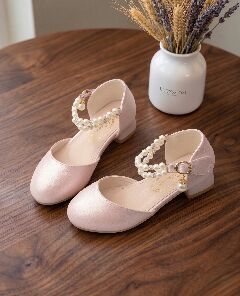 Girls Pink Pearl Ankle Strap Block Heel Dress Shoes with Crystal Detail
