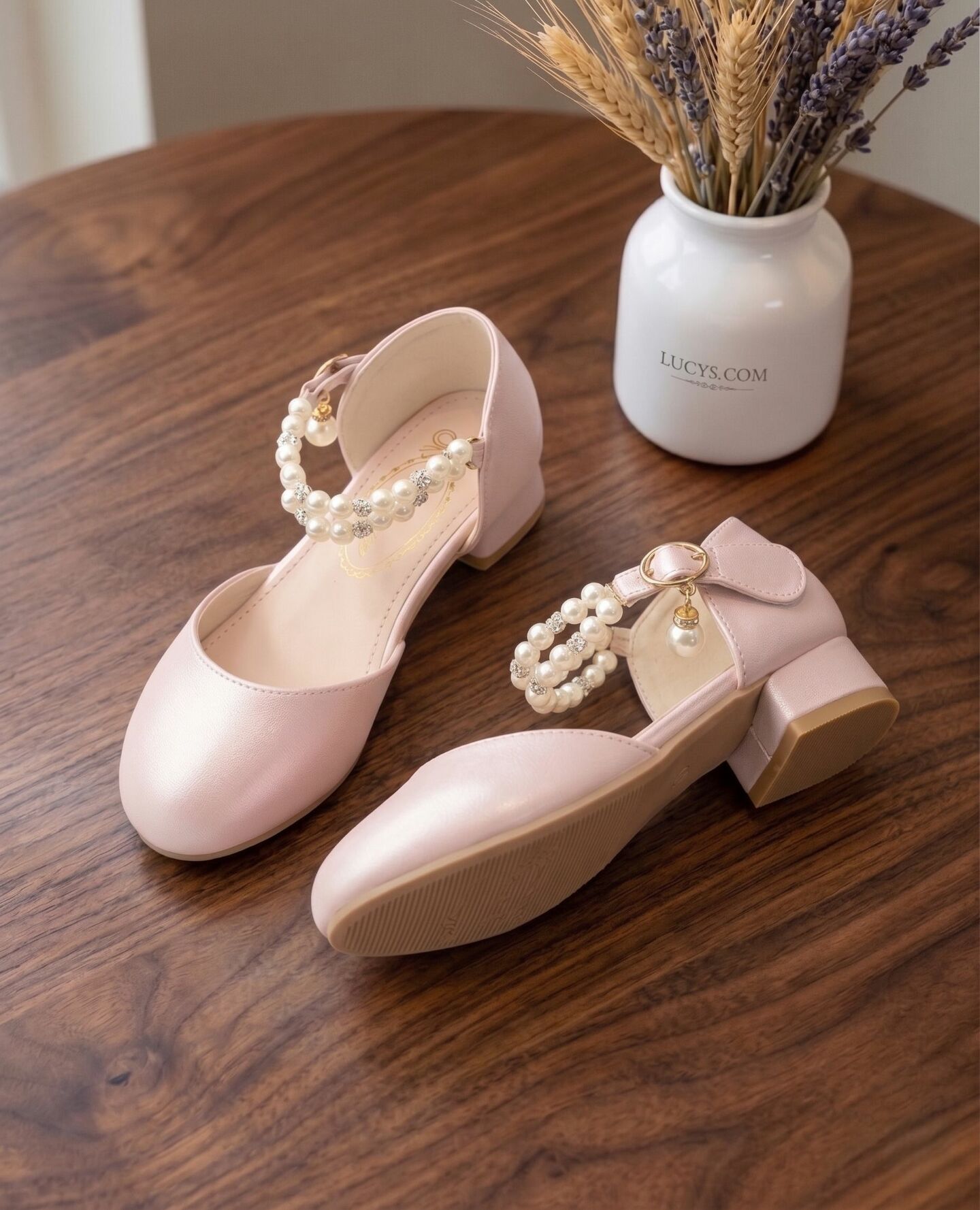 Girls Pink Pearl Ankle Strap Block Heel Dress Shoes with Crystal Detail