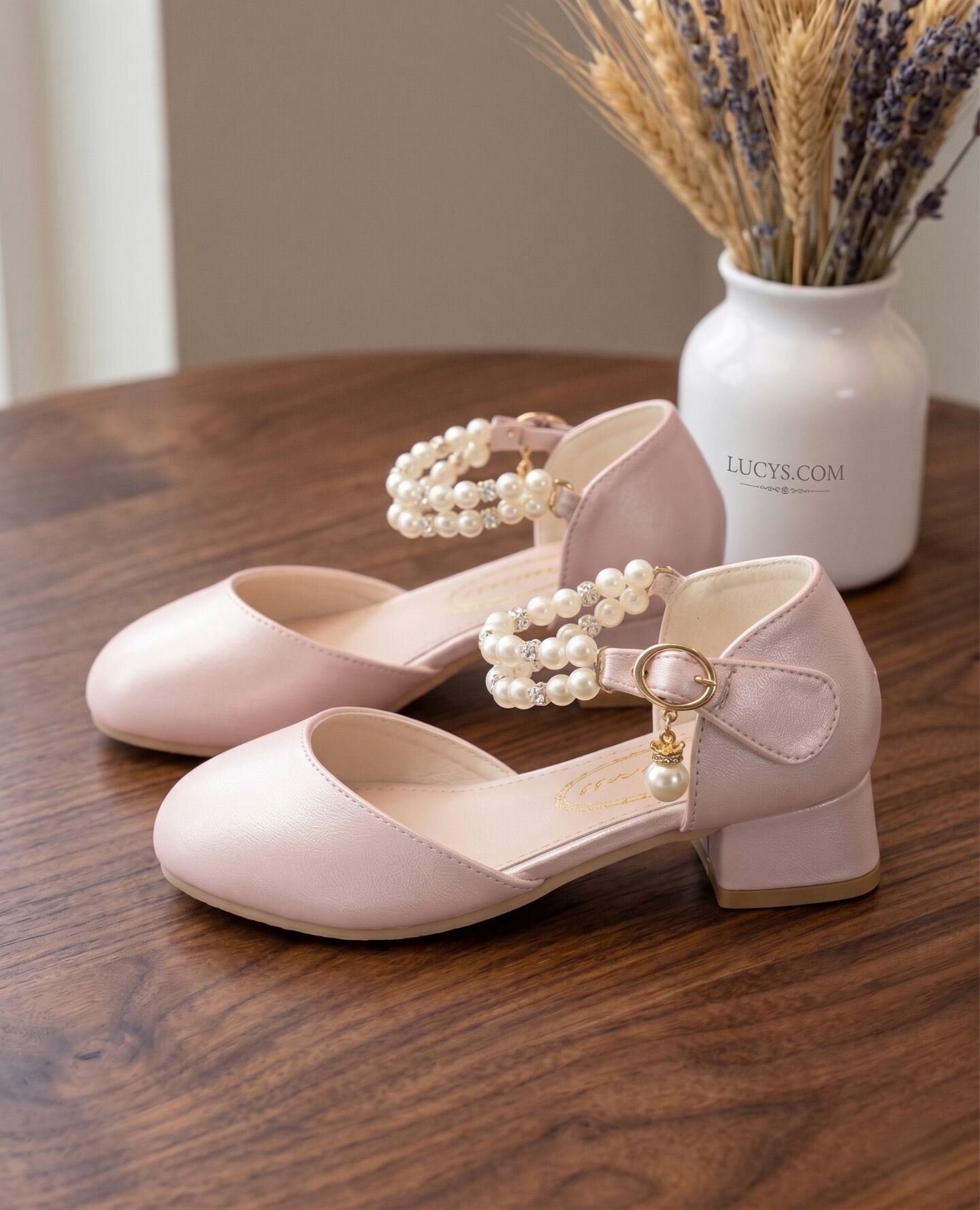 Girls Pink Pearl Ankle Strap Block Heel Dress Shoes with Crystal Detail