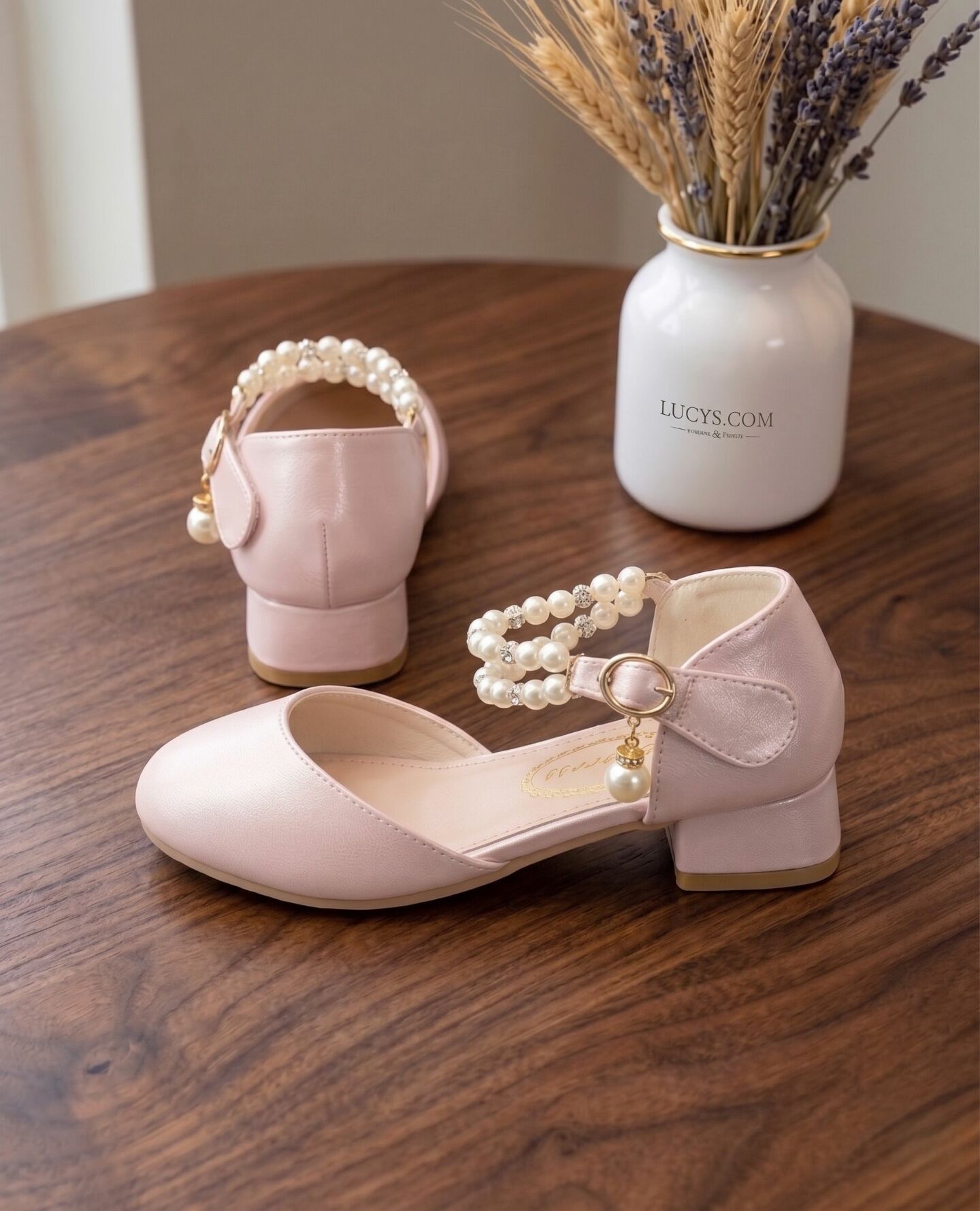 Girls Pink Pearl Ankle Strap Block Heel Dress Shoes with Crystal Detail