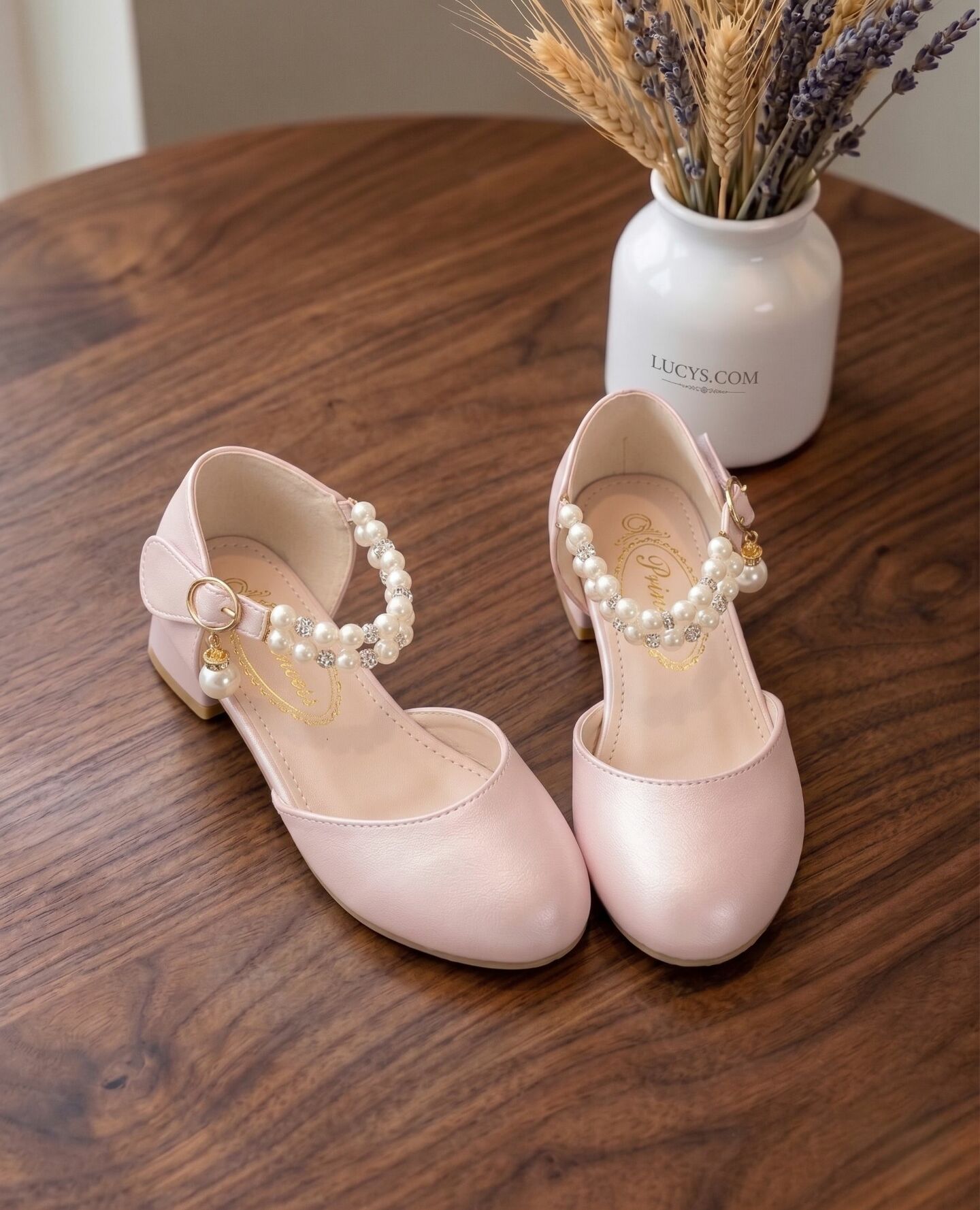 Girls Pink Pearl Ankle Strap Block Heel Dress Shoes with Crystal Detail