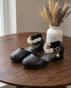 Girls Black Pearl Ankle Strap Block Heel Dress Shoes with Crystal Detail