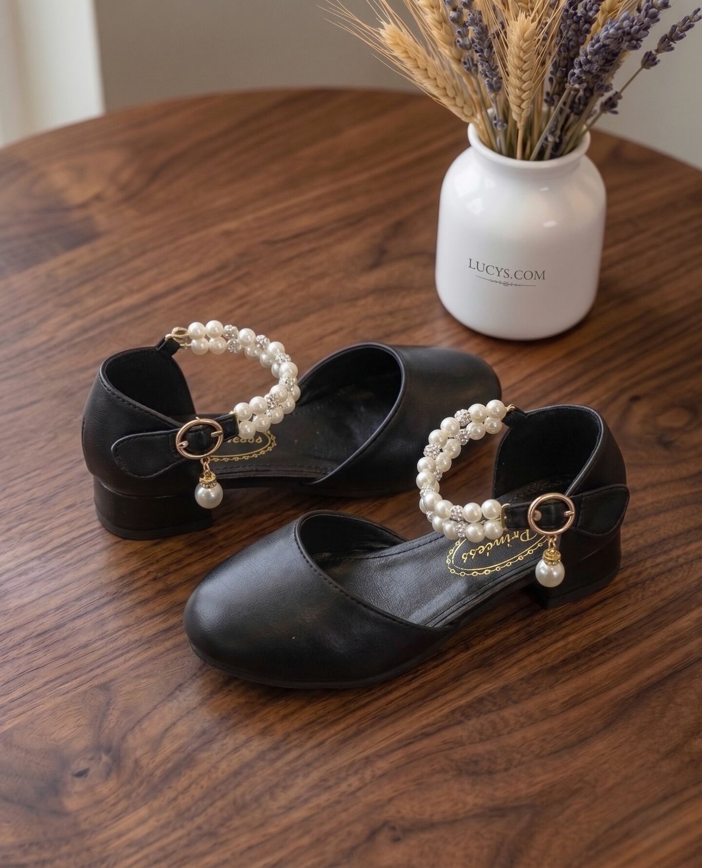 Girls Black Pearl Ankle Strap Block Heel Dress Shoes with Crystal Detail