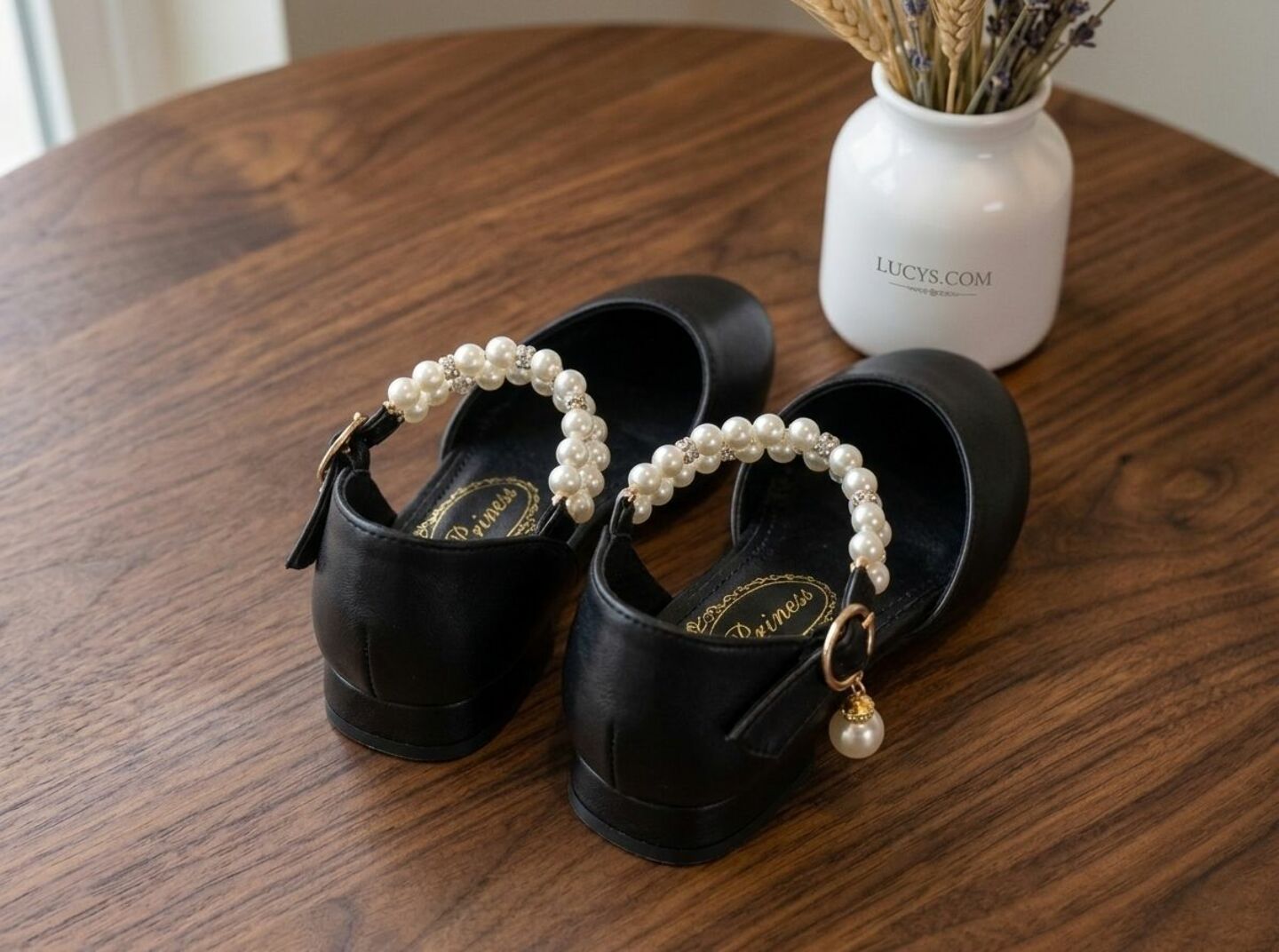 Girls Black Pearl Ankle Strap Block Heel Dress Shoes with Crystal Detail