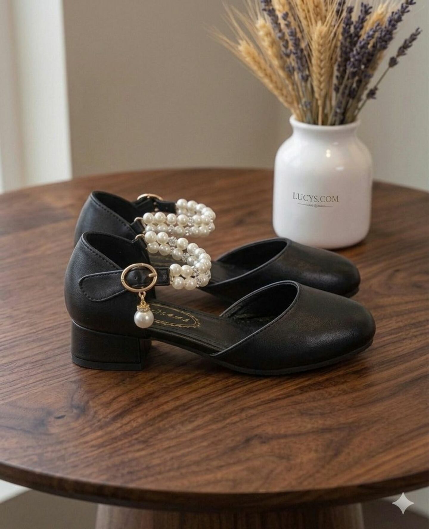 Girls Black Pearl Ankle Strap Block Heel Dress Shoes with Crystal Detail