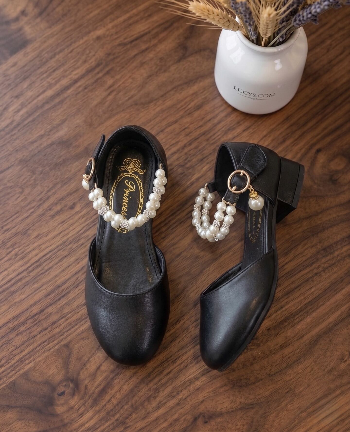 Girls Black Pearl Ankle Strap Block Heel Dress Shoes with Crystal Detail