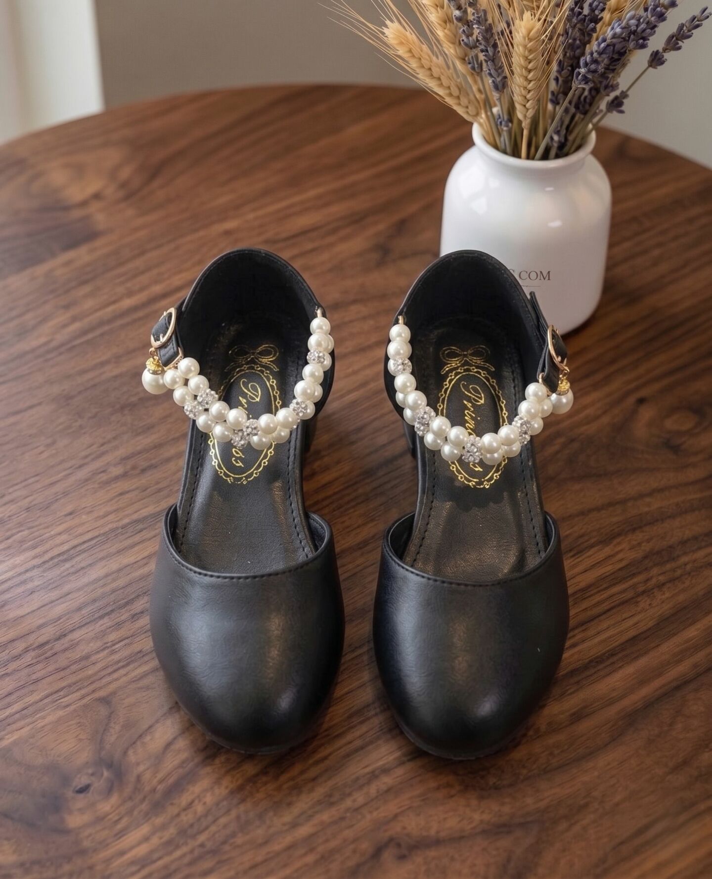 Girls Black Pearl Ankle Strap Block Heel Dress Shoes with Crystal Detail